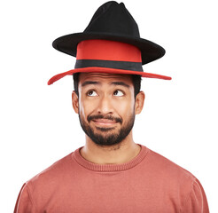 Thinking, idea and asian man with hat for fun in png or isolated and transparent background....