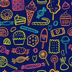 Vector pattern from a collection of candies and various sweets, hand-drawn in the style of doodles