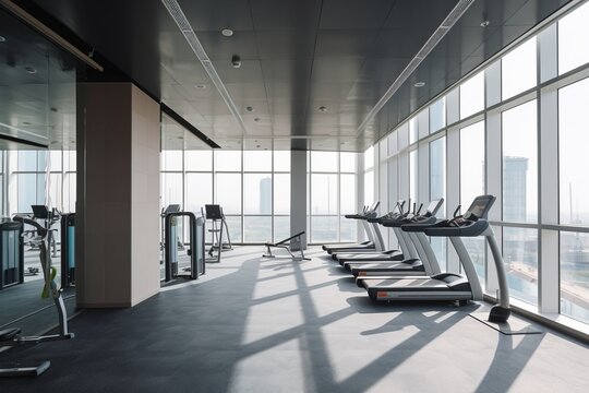 Fitness center gym interior design with daylight big window center city high rise building background Created with Generative AI Technology.