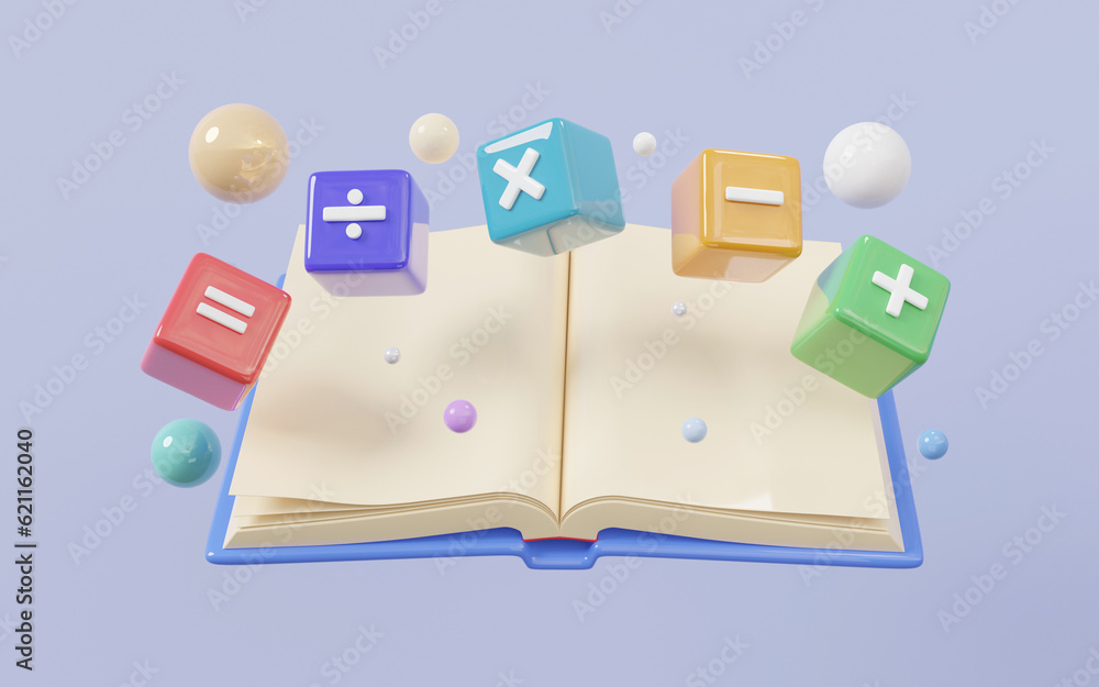 Poster open book basic calculation mathematic learning math operation colorful icon symbols math, plus, min