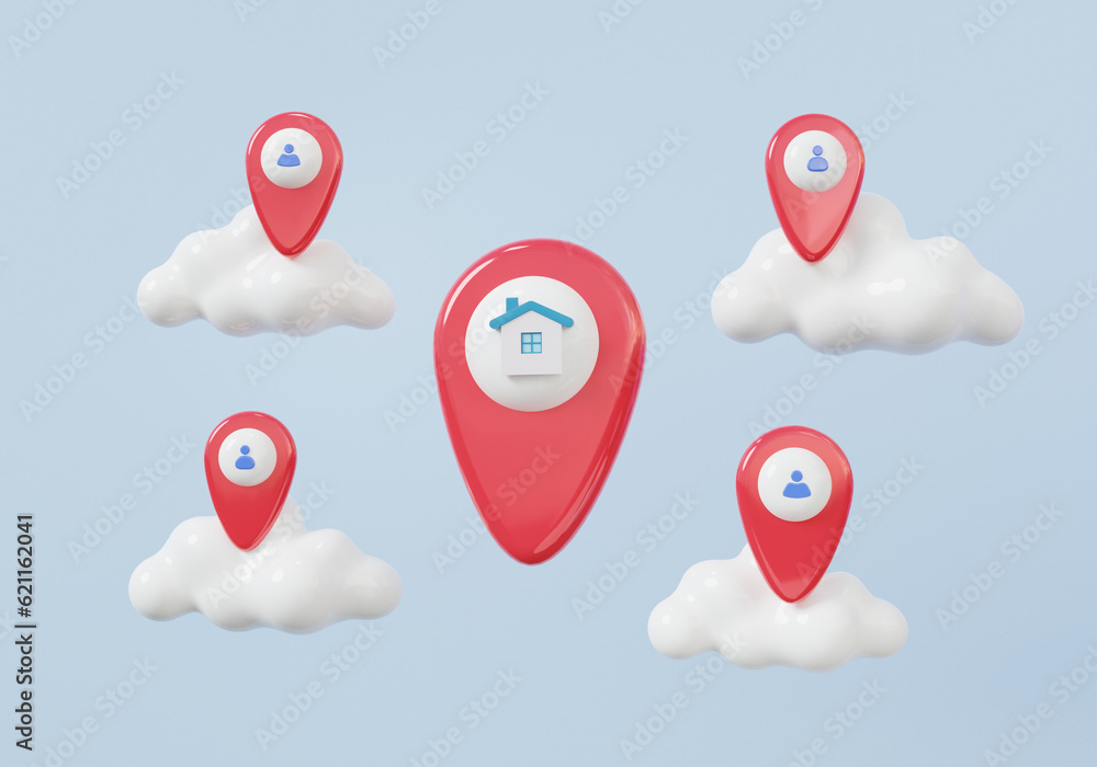 Poster search people position gps pin pointer with house map location clouds floating on purple background.