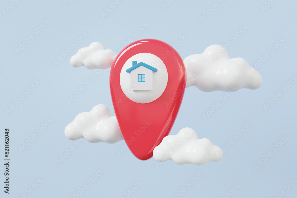 Poster minimal cartoon style pin pointer with house map location clouds floating on purple background. sear