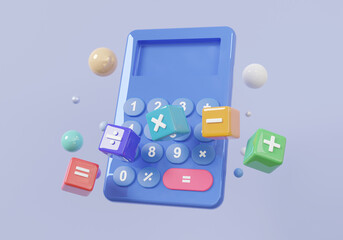 Mathematic learning education concept. Calculator and basic math operation icon symbols math, plus, minus, multiplication, number divide on purple background. cartoon elements. 3d render illustration