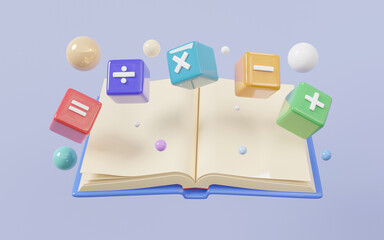 Open book basic calculation mathematic learning math operation colorful icon symbols math, plus, minus, multiplication number divide education concept. 3d rendering illustration. minimal cartoon