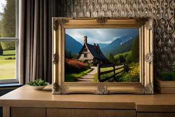 luxury picture frame on the table, interior of the modern house in the background