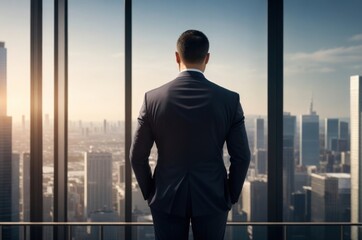 Businessman standing against room with large window looking on city.generative AI