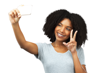 Happy, peace and a black woman with a selfie for social media, fun and smile. Online, young and an African girl taking a photo for the web with an emoji sign isolated on a transparent png background