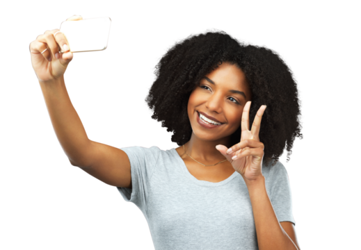 Happy, peace and a black woman with a selfie for social media, fun and smile. Online, young and an African girl taking a photo for the web with an emoji sign isolated on a transparent png background