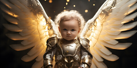 baby angel with glowing wings and battle armour studio portrait