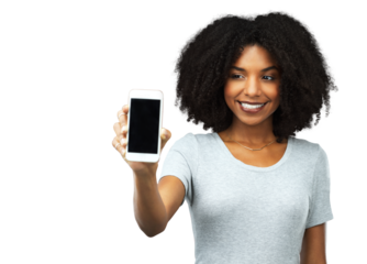 Phone, application and smile with a black woman isolated on transparent background showing an empty display screen for marketing. Mobile, contact or website with a happy young brand ambassador on PNG