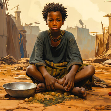 African hungry boy sits on the ground and eats. Generative AI.