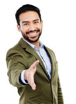 Isolated Business Man, Open Hand Shake And Welcome With Smile, Portrait And Kindness By Transparent Png Background. Asian Businessman, Happy And Respect For Hr Recruitment And Onboarding For Hiring