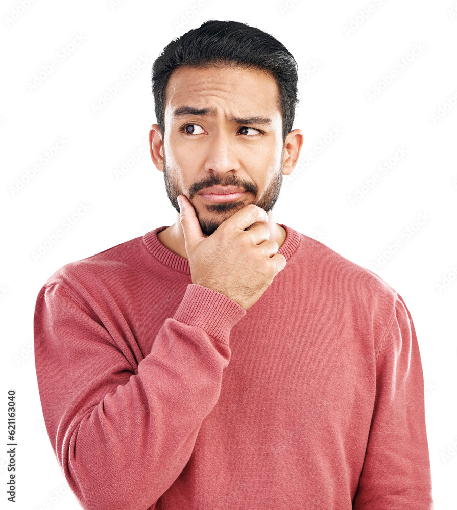 Poster confused, thinking and asian man with questions on isolated, transparent and png background. doubt, 