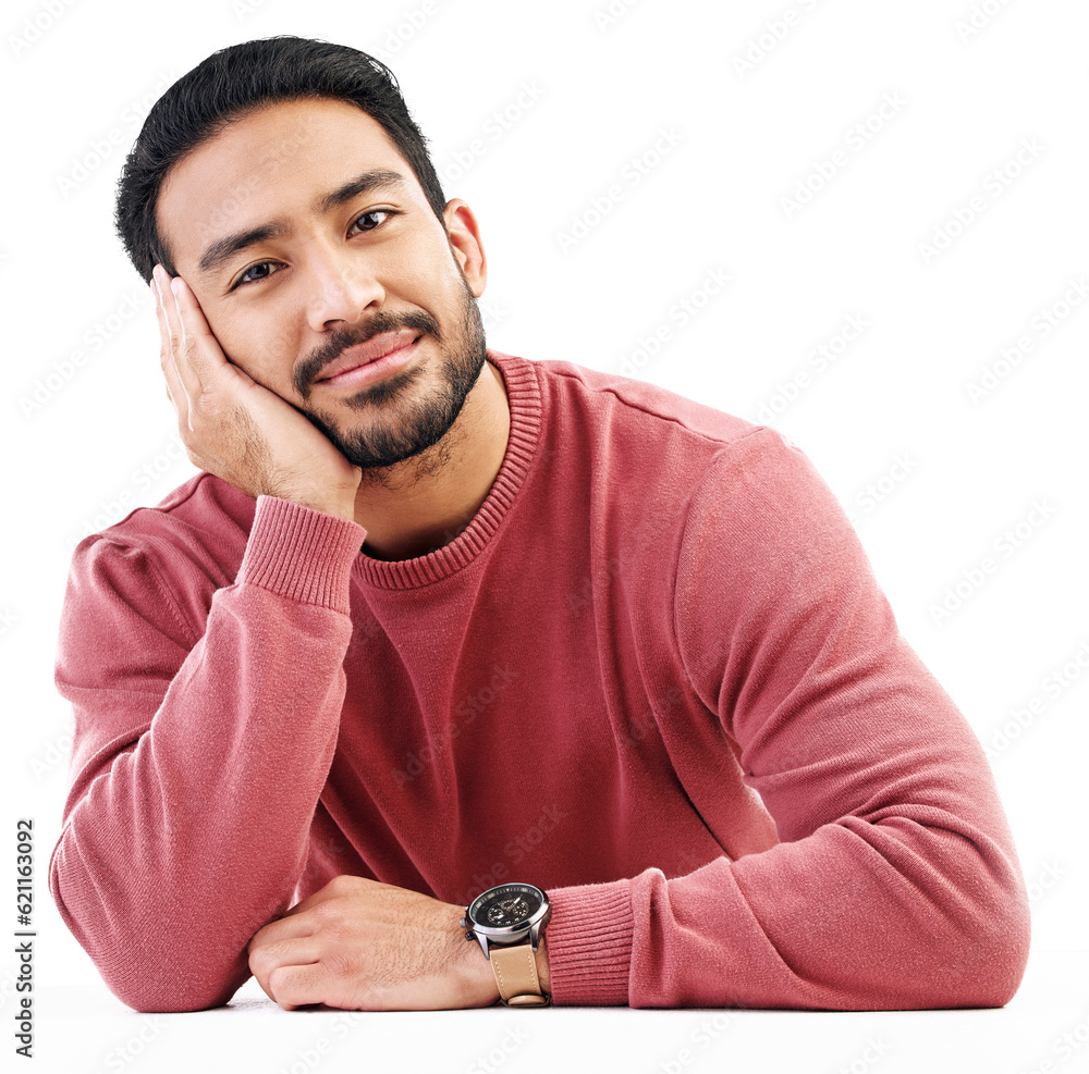 Poster calm, relax and portrait of happy man by a table to rest and looking isolated in transparent or png 