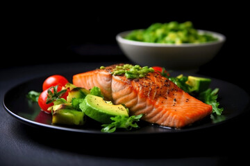 Grilled salmon steak with fresh salad and avocado on wooden table. Healthy food concept. Generative AI.