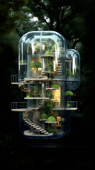 modern, glass house in the woods, travel holiday accomodation made with generative ai
