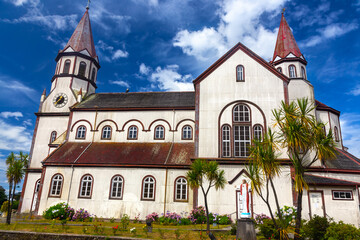 The Church of The Sacred Heart of Jesus Christ Exterior Puerto Varas, Chile National Monument. German Heritage Castle Neo-Romanesque Style Native Wood