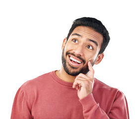 Surprise, thinking and Asian man with ideas, opportunity or brainstorming isolated on a transparent background. Male person, model or problem solving with promotion, png or decision with announcement