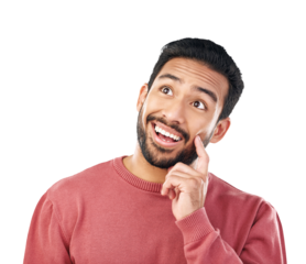 Surprise, thinking and Asian man with ideas, opportunity or brainstorming isolated on a transparent background. Male person, model or problem solving with promotion, png or decision with announcement