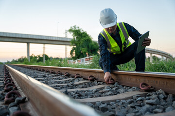 A construction worker on railways. Engineer work on railway. Infrastructure.
