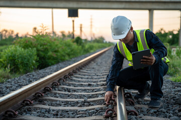 An engineer is sitting and inspecting the railway. Construction workers on the railway. Railway...