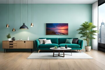 Mint green wall with sofa and sideboard on interior wooden floor