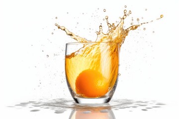 Naklejka na ściany i meble n orange fruit being dropped into a glass of water, creating a splash. Generative AI