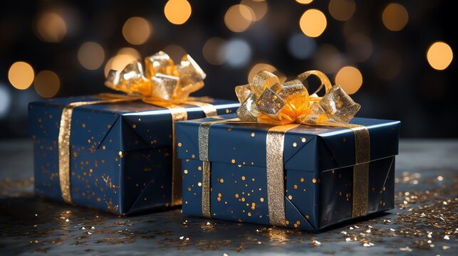 Two Blue Wrapped Presents With Gold Ribbons And Bows