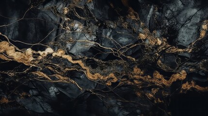 Horizontally Flowing Marble Swirl Textured Background with Black Grey and Gold Colors 