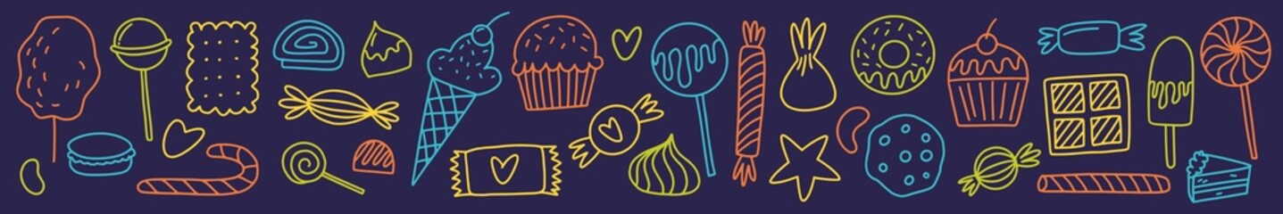 Horizontal collection of candies and various sweets, hand-drawn in the style of doodles