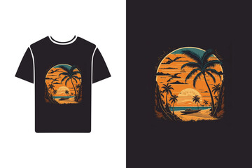 t-shirt design with a retro surfboard illustration, palm trees, and a sunset backdrop, evoking a nostalgic beach vibe.