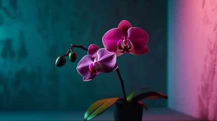 Friendly Young Pinkish Orchid against a Deep Blue Toned Textured Background in Mood Lighting 