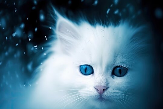 white cat with mesmerizing blue eyes staring directly at the viewer. Generative AI