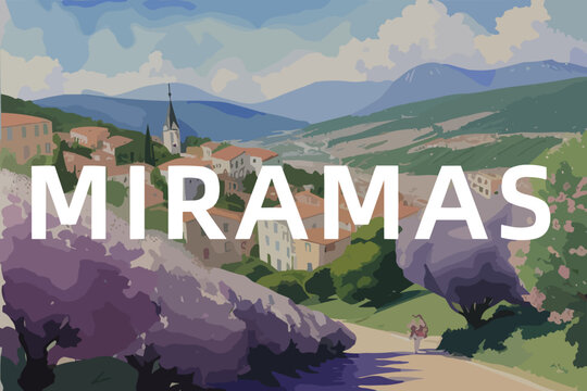 Beautiful watercolor painting of a French scene with the name Miramas in Provence-Alpes-C&ocirc;te d&rsquo;Azur