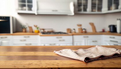 Fototapeta na wymiar Wooden dinning table with napkin in front of blurred kitchen