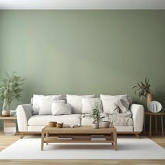 Stylish living room interior with green walls, a wooden floor, a long white sofa, beige fabric with silk cushions, coffee table, indoor plant