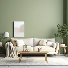 Stylish living room interior with green walls, a wooden floor, a long white sofa, beige fabric with silk cushions, coffee table, indoor plant
