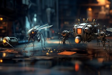 Obraz na płótnie Canvas robotic Mosquito, cyberpunk, military, drone, war, smart, technology, realistic --s 750 