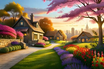 landscape with house and trees, beautiful wallpapers, textures and backgrounds - Generative AI