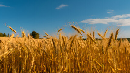 Gold ears of wheat against the blue sky and clouds. Field of wheat, agriculture background.