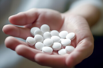Close-Up Hands Holding medicine tablets and capsule in her hands. Healthcare, medical supplements concept