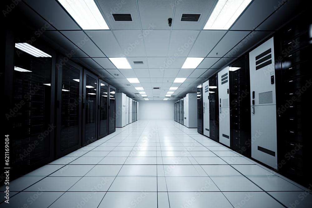 Poster server room with rows of computer servers in a long hallway. generative ai