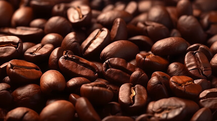 Naklejka premium Clouse up roasted coffee beans background. full frame photograph of piled roasting coffee beans backgrounds