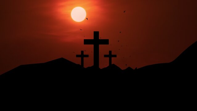 Sunset and Three Crosses on the Mountaintop. Birds Fly Around the Crosses. The video of this image is in my portfolio.	