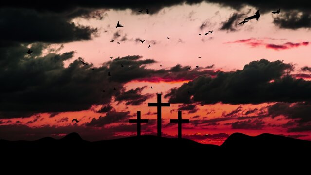 Sunset and Three Crosses on the Mountaintop. Birds Fly Around the Crosses. The video of this image is in my portfolio.	