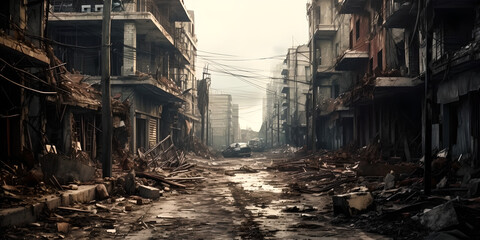 Ruined city buildings after war. City buildings damaged by war. street of a city destroyed by war