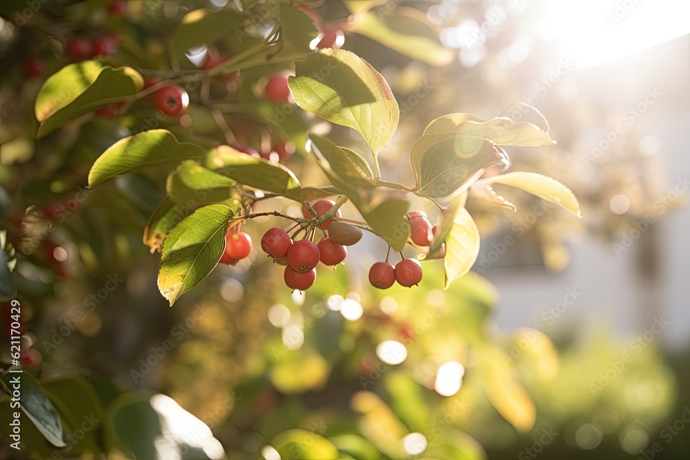 Poster detailed close up of a tree branch with ripe berries. generative ai