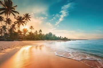 beach with coconut trees and sea - obrazy, fototapety, plakaty