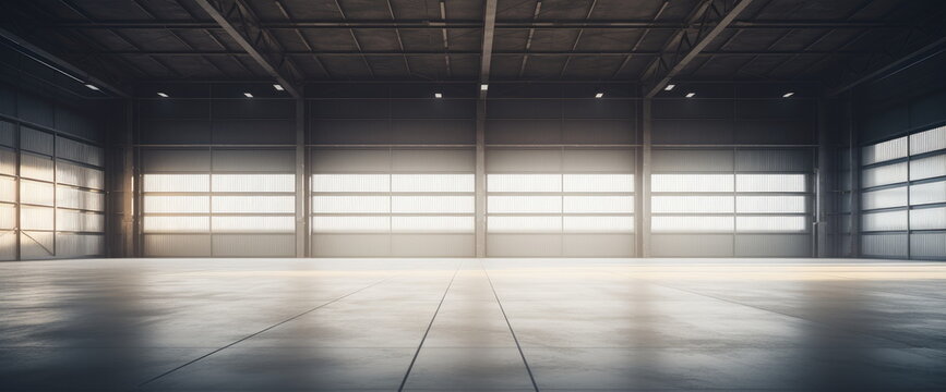 A huge large modern hanger or warehouse for storing cutting edge equipment. incoming light. Hand edited generative AI.