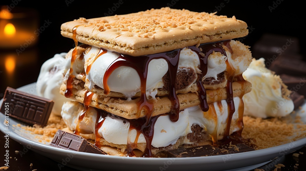 Aufkleber a stack of ice cream and cookies on a plate with chocolate. generative ai